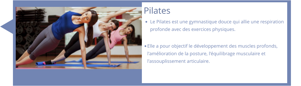Pilates   •	Le Pilates est une gymnastique douce qui allie une respiration profonde avec des exercices physiques.   •	Elle a pour objectif le développement des muscles profonds, l'amélioration de la posture, l'équilibrage musculaire et l'assouplissement articulaire.